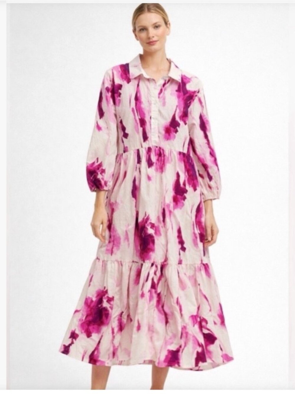 Anthropologie Maeve Bettina Tiered Maxi Dress Pink Watercolor Cottagecore